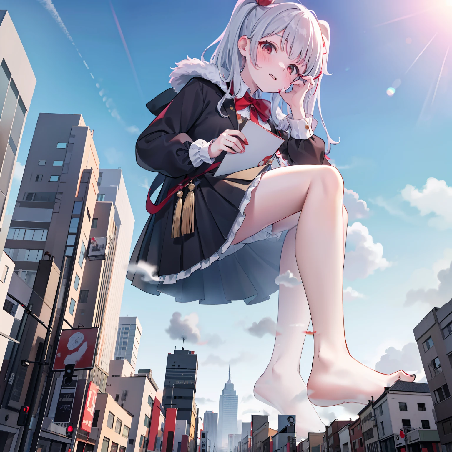 White messy hair, Red-eyed girl, Black premium coat, Red short sleeves,Barefoot (Bloodstained soles of the feet:1.8), reference sheet, tachi-e, Wide-angle, kanon, Motion blur, Ray tracing, Award-Awarded, High details, Smooth skin, 4K, Anatomically correct, ccurate, retinas,magazine cover text,blood-streaked face,Huge schoolgirls sitting on a city street the size of a toy。GTS giantess stampedes on the city。