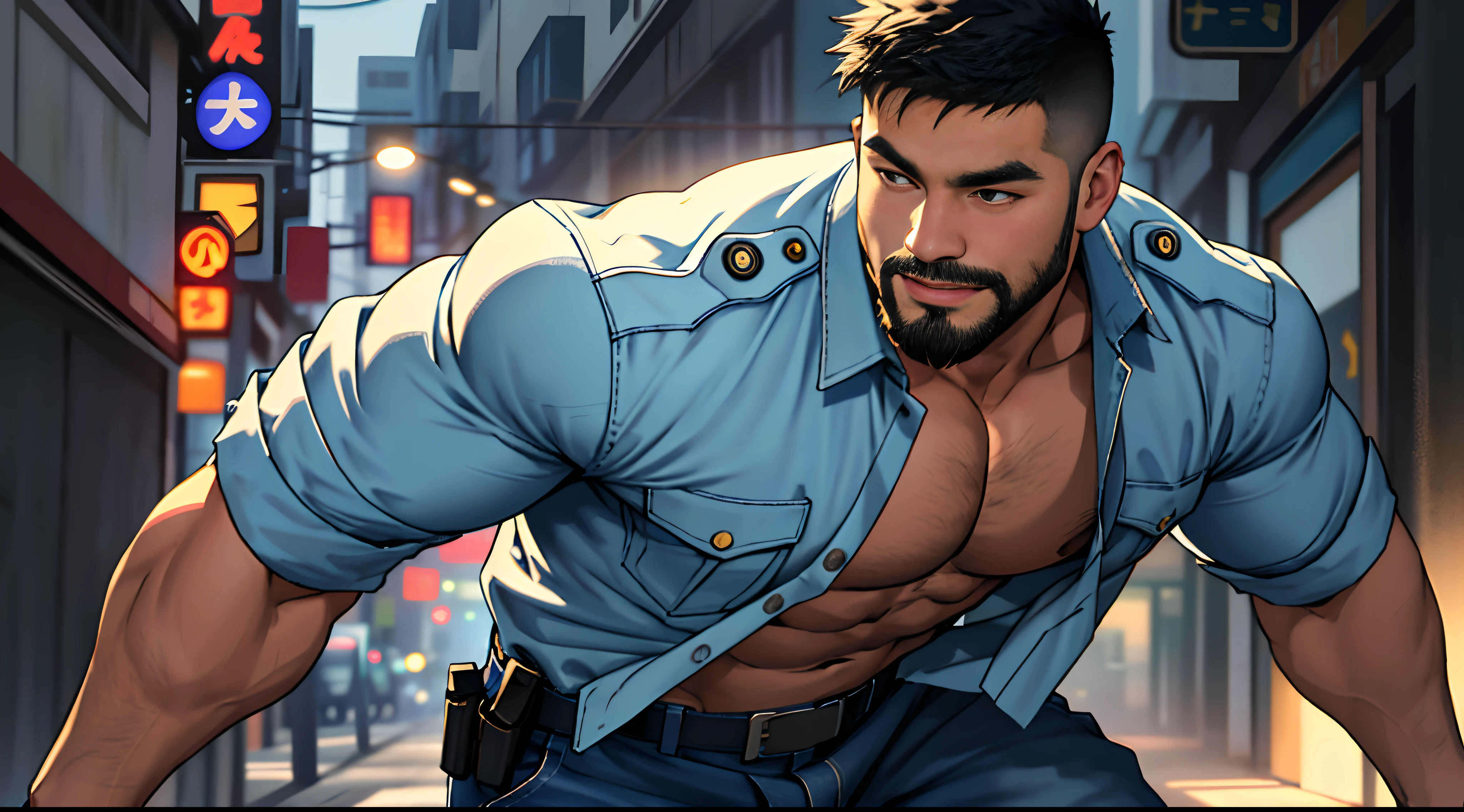 Mature man, best quality, policeman, bad bad, black shirt (open shirt), piercing, masterpiece, super high resolution, detailed background, reality, illustration, single, 1 boy, muscle man, beard, street, muscle, facial hair, volumetric lighting, depth of field, wheezing, raised crotch, lock, handsome action, big dynamics, cool particle light effects,