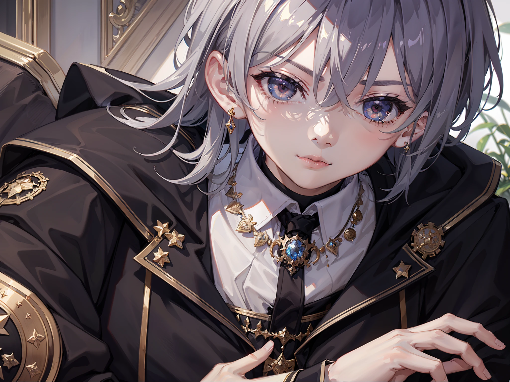 "A high resolution, 4K, Handsome and handsome"年轻，Gray hair，eyes glowing，Badges，exploit，dream magical，medal，exploit，，empire，titles，medium distance