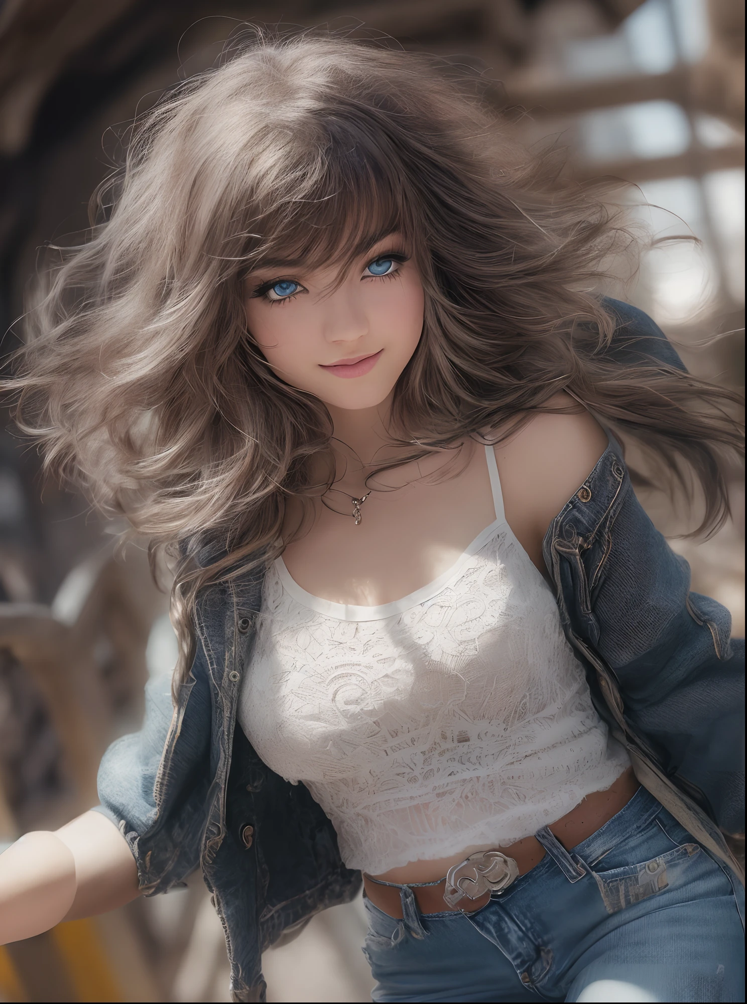(RAW, analogue, Nikon Z 14mm ultra-wide angle lens, award-winning glamour photograph, ((best quality)), ((masterpiece)), ((realistic)), skin pores, subsurface scattering, radiant light rays, high-res, detailed facial features, high detail, sharp focus, smooth, aesthetic, extremely detailed, (extremely detailed eyes, extremely detailed iris), extremely detailed hair, extremely detailed skin, extremely detailed clothes, octane render, photorealistic, realistic, post-processing, max detail, realistic shadows, roughness, natural skin texture, real life, ultra-realistic, photorealism, photography, 8k UHD, photography, hdr, intricate, elegant, highly detailed, sharp focus, stunning, beautiful, gorgeous), (masterpiece:1.2, best quality1:1, ultra-detailed:1.2, best shadow, 8k:1.1), (massive city:1.3, rooftop:1.1, city structures below, handrails), (contrasting background, bright background), (beautiful detailed face), high contrast, (perfect illumination:1.2, beautiful color, delicate color), ((cinematic light)), colorful, hyper detail, dramatic light, intricate details, (1 girl, solo, brown hair, smiling face, short hair, wavy hair:1.1, blue eyes, dynamic angle, white tanktop, jeans, cowboy shot, arms down), depth of field