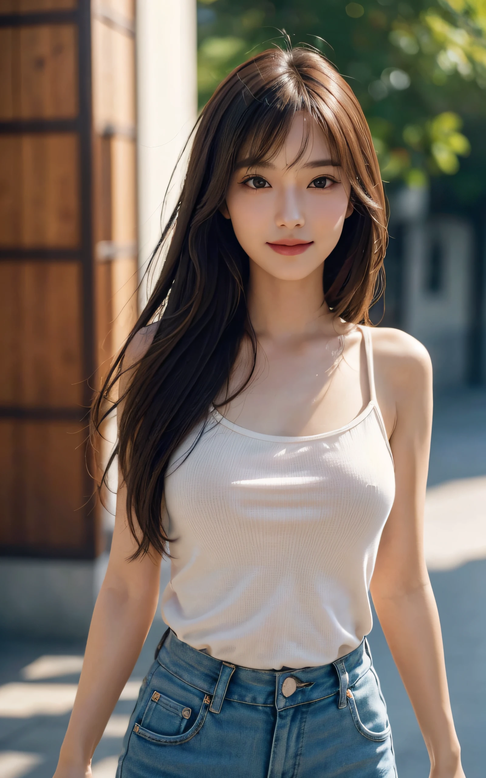 Masterpiece, best picture quality, high quality, beautiful woman, Japanese, detailed, detailed eyes, detailed skin, beautiful skin, ultra high resolution, (reality: 1.4),very beautiful, slightly younger face, beautiful skin, slender, (ultra realistic), (highresolution), (8K), (very detailed) (beautifully detailed eyes), (super detailed), Tank top, pants, (wallpaper), (detailed face), looking at viewer, fine details, detailed face, smiling, looking straight ahead, looking straight ahead, angle from waist up, realistic photo, bright lighting, professional lighting, mature woman, brown hair, sway in the wind shoulder length straight hair, long stylish bangs,