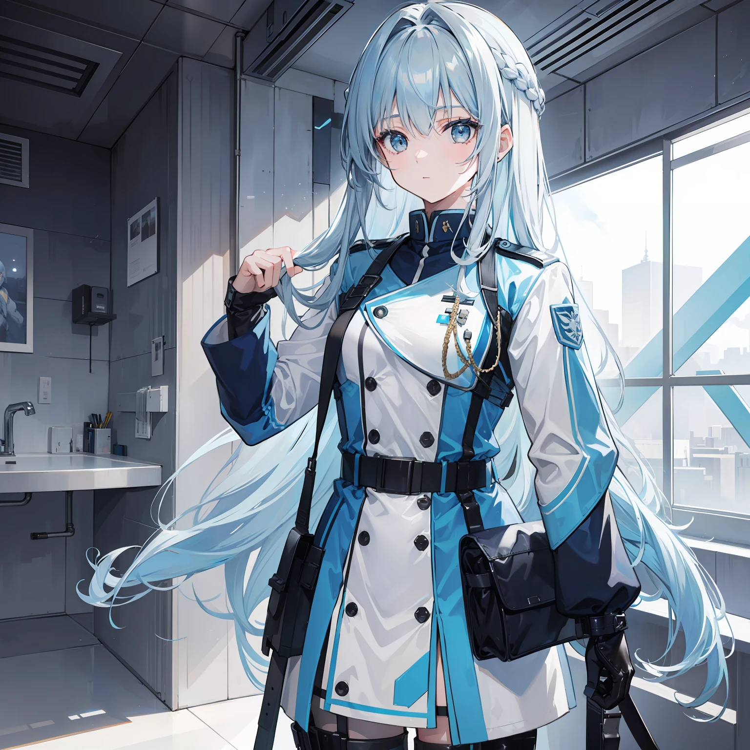 Long light gray-blue hair,Rubber texture,Light blue and white military uniform,A standard good-looking girl