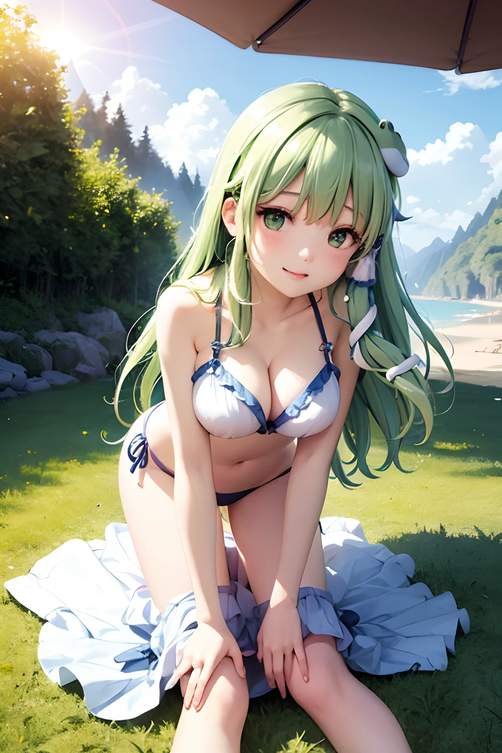 ​masterpiece, Best Quality，top-quality，{{{女の子1人}}}，独奏，{{{Sanae Dongfeng Valley/kochiya sanae}}}，{{{frog hair ornament}}}，light green hair，Long Wave Hair，hair tubes，Green eyes，White teeth，red blush，{{Big breasts}}，{{{the beach}}}、Beautiful sunset、Bikini with green ruffles、full body seen、bending forward