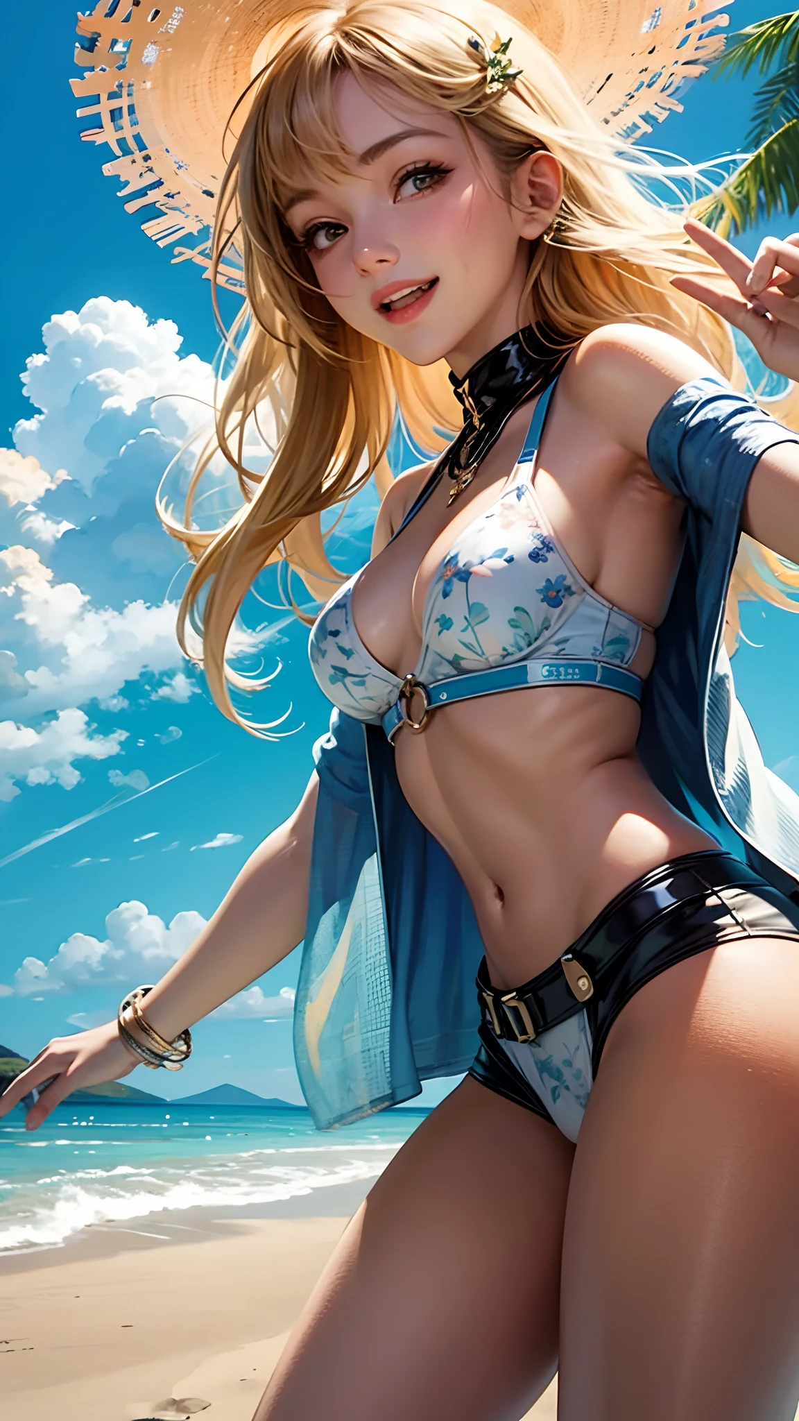 ((young woman::0.8)) ((cheerful::0.7)) ((wearing colorful summer swimsuit::0.6)) ((waving and smiling::0.9)) ((blue sea and white sand beach background::0.8)) ((sunny summer day::0.7)) ((strong midday summer sunshine::0.8)) ((contemporary resort setting::0.6)) ((bright cartoon illustration style::0.9)) ((cute deformed proportions::0.8)) ((eye level perspective::0.7)) ((vivid summer color scheme::0.8)) ((radiant sunlight::0.8)) structure --auto --s2