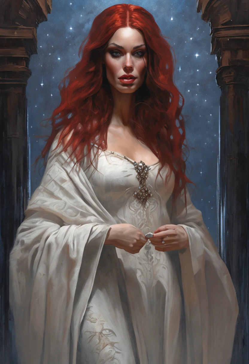 a picture of an exquisite beautiful female vampire standing under the starry night sky on the porch of her castle, dynamic angle (ultra detailed, Masterpiece, best quality), ultra detailed face (ultra detailed, Masterpiece, best quality: 1.4), ultra feminine, grey skin, red hair, wavy hair, dynamic eyes color, cold eyes, glowing eyes, intense eyes, dark red lips, [fangs], wearing white dress (ultra detailed, Masterpiece, best quality: 1.5), wearing blue cloak (ultra detailed, Masterpiece, best quality: 1.4), long cloak, flowing cloak (ultra detailed, Masterpiece, best quality), wearing high heeled boots,  sky full of stars background, fantasy_night, moon, bats flying about (high details, best quality, 8k, [ultra detailed], masterpiece, best quality, (ultra detailed), full body, ultra wide shot, photorealism, dark fantasy art, dark fantasy art, gothic art, many stars, dark fantasy art, gothic art, sense of dread,