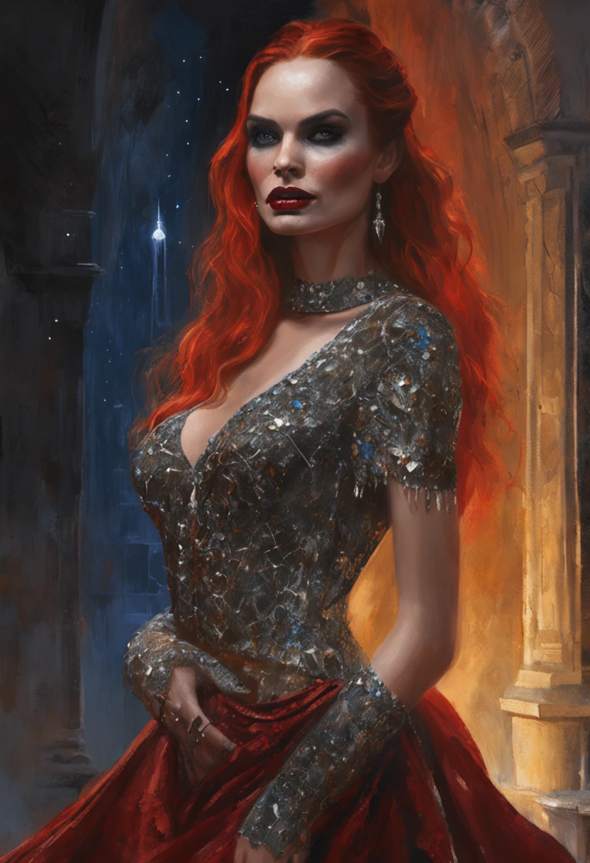 a picture of an exquisite beautiful female vampire standing under the starry night sky on the porch of her castle, dynamic angle (ultra detailed, Masterpiece, best quality), ultra detailed face (ultra detailed, Masterpiece, best quality: 1.4), ultra feminine, grey skin, red hair, wavy hair, dynamic eyes color, cold eyes, glowing eyes, intense eyes, dark red lips, [fangs], wearing white dress (ultra detailed, Masterpiece, best quality: 1.5), wearing blue cloak (ultra detailed, Masterpiece, best quality: 1.4), long cloak, flowing cloak (ultra detailed, Masterpiece, best quality), wearing high heeled boots,  sky full of stars background, fantasy_night, moon, bats flying about (high details, best quality, 8k, [ultra detailed], masterpiece, best quality, (ultra detailed), full body, ultra wide shot, photorealism, dark fantasy art, dark fantasy art, gothic art, many stars, dark fantasy art, gothic art, sense of dread,