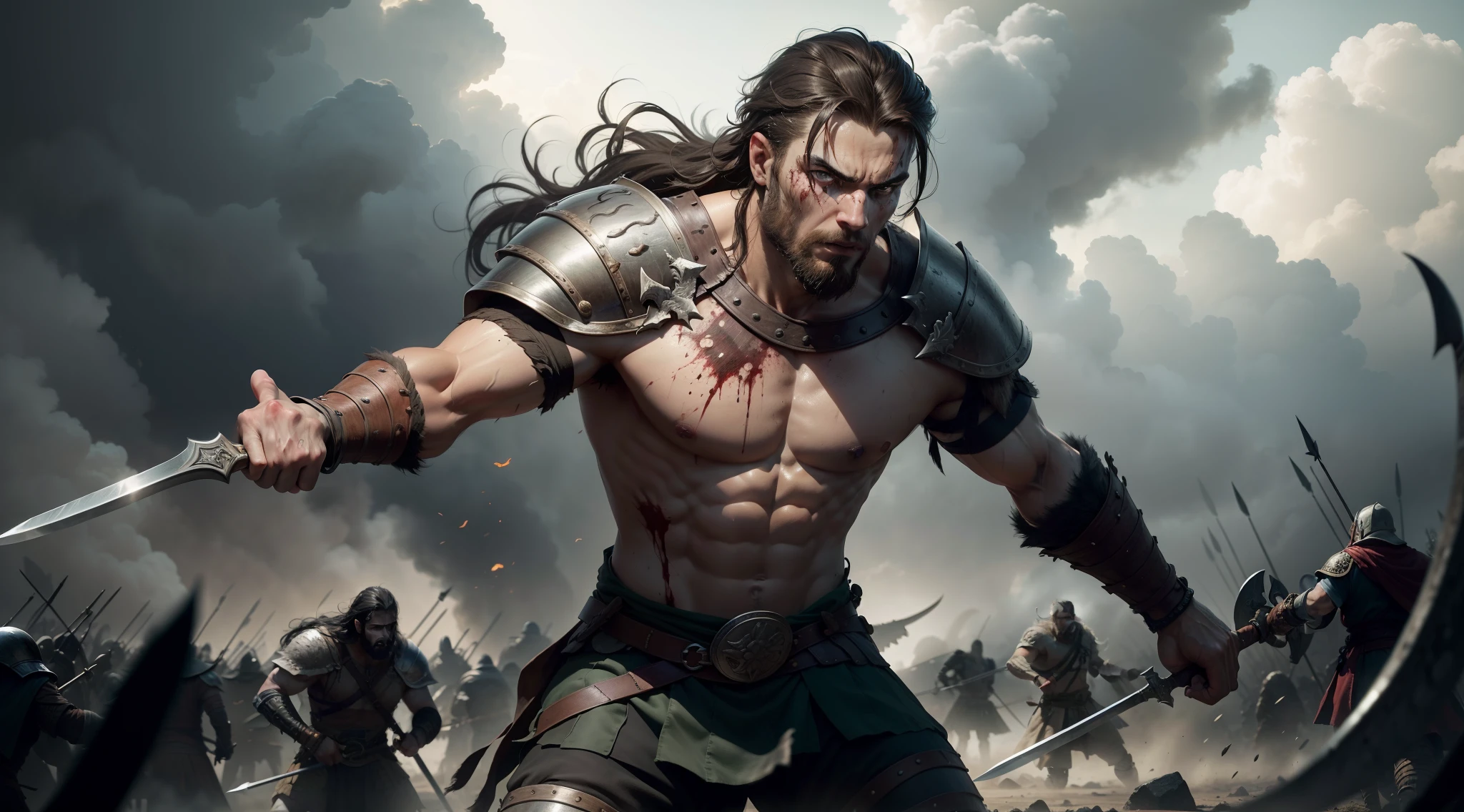 Ere an epic scene of a Viking warrior in the middle of battle. On the chaotic battlefield, corpos de aliados e inimigos jazem sem vida. The sky is gloomy and arrows and swords are carved in profusion into the earth. O guerreiro, exausto e desgastado, He continues to fight with unwavering fury. Apesar dos ferimentos que marcam seu corpo e da morte quase certa pairando sobre ele, His eyes reflect determination and revenge. Capture the moment when he whitewashes his bloodied weapon and advances to face the enemy with the last breath of strength he has left