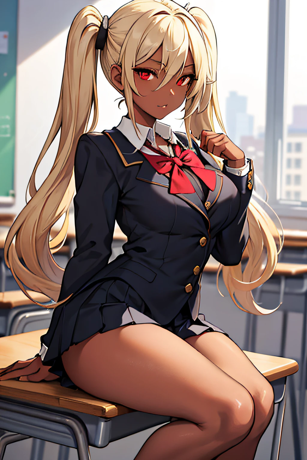 (masterpiece:1.2, best quality), 1lady, solo, school uniform, classroom, day, sit, blonde, twintails, red eyes, open collabone, darkskin, (open breasts:1.1),