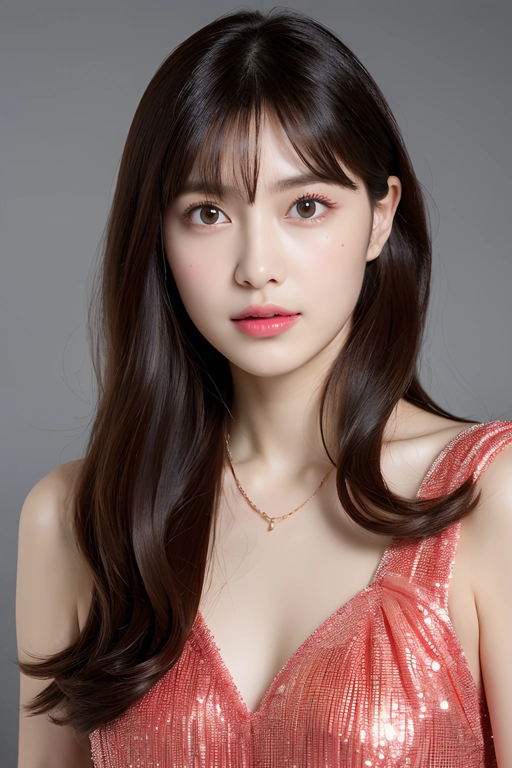 ((masutepiece)), (ultra-detailliert), ((Realistic)), (Better Quality), A very beautiful woman wearing an exclusive luxurious dress and necklace, with long silky hair, straight haired, and a beautiful red and white color dress. She has sparkling eyes. (((fullllbody))), 8k smooth, Clear facial features, Realistic, Photography, Photoreal, (High Definition :1.0), (Realism:1.4), waist shot, (Realistic skin:1.4), (Exquisite and clear portrait:1.4), (High resolution:1.4), (Fashion portrait photography:1.4), (photos realistic:1.4), (Super realistic:1.4)