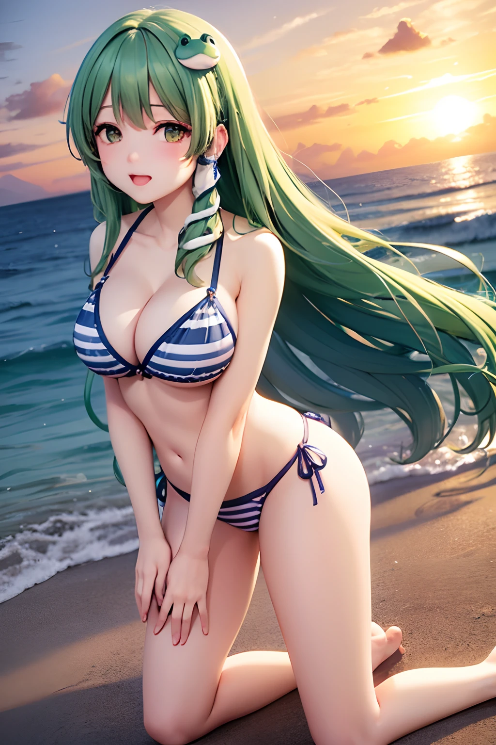 ​masterpiece, Best Quality，top-quality，{{{***1人}}}，独奏，{{{Sanae Dongfeng Valley/kochiya sanae}}}，{{{frog hair ornament}}}，light green hair，Long Wave Hair，hair tubes，Green eyes，White teeth，red blush，{{Big breasts}}，{{{the beach}}}、Beautiful sunset、Bikini with green ruffles、full body seen、bending forward