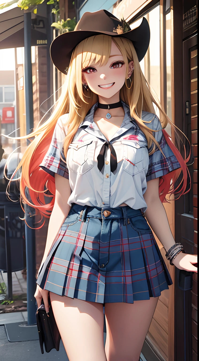 masterpiece, best quality, highres, kitagawa marin, 1girl, blonde hair, long hair, multicolored hair, red eyes, jewelry, earrings, piercing, Top,jeanes, black choker, plaid skirt, grin, smile, standing, cowboy shot, outdoors,