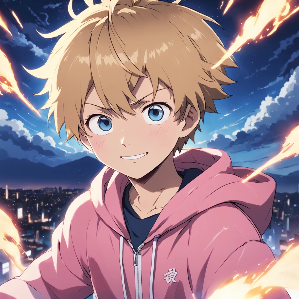 masterpiece, best quality, movie still, 1boy, cloud boy, floating in the sky, close-up, bright, happy, warm soft lighting, sunset, (sparks:0.7), (AS-Young:1.7), (1boy:1.8), (male focus:1.2), (cute:1.7) Shigeo Kageyama, Mob Psycho, looking at viewer, smiling, wearing a pink hoodie, dark blonde hair, blue eyes, wearing round glasses