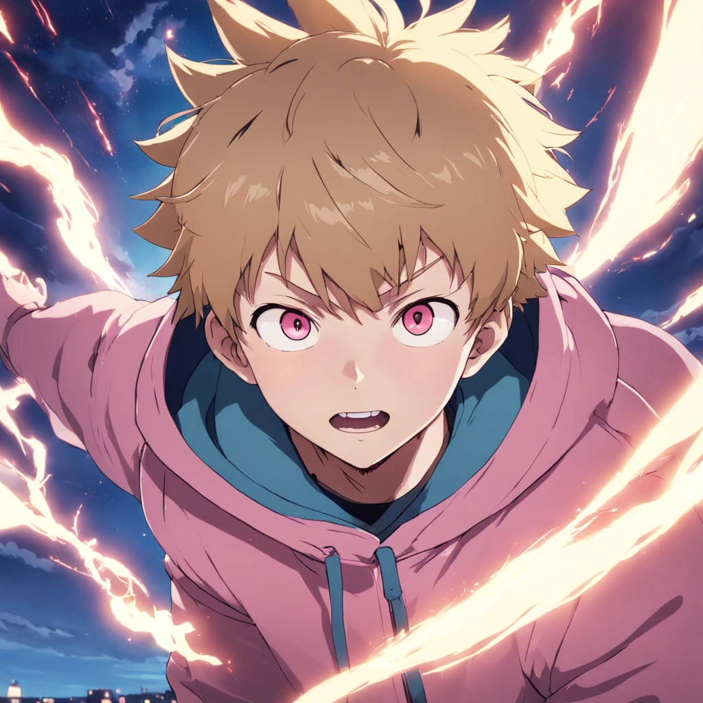 masterpiece, best quality, movie still, 1boy, cloud boy, floating in the sky, close-up, bright, happy, warm soft lighting, sunset, (sparks:0.7), (AS-Young:1.7), (1boy:1.8), (male focus:1.2), (cute:1.7) Shigeo Kageyama, Mob Psycho, looking at viewer, smiling, wearing a pink hoodie, dark blonde hair, blue eyes, wearing round glasses