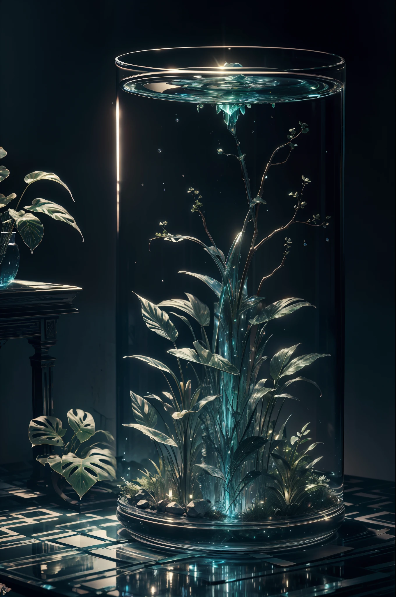 masterpiece of glass sculpture with plants inside, water, glowing, fantasy, high quality, high detail, best quality, rtx, 4k, 8k,