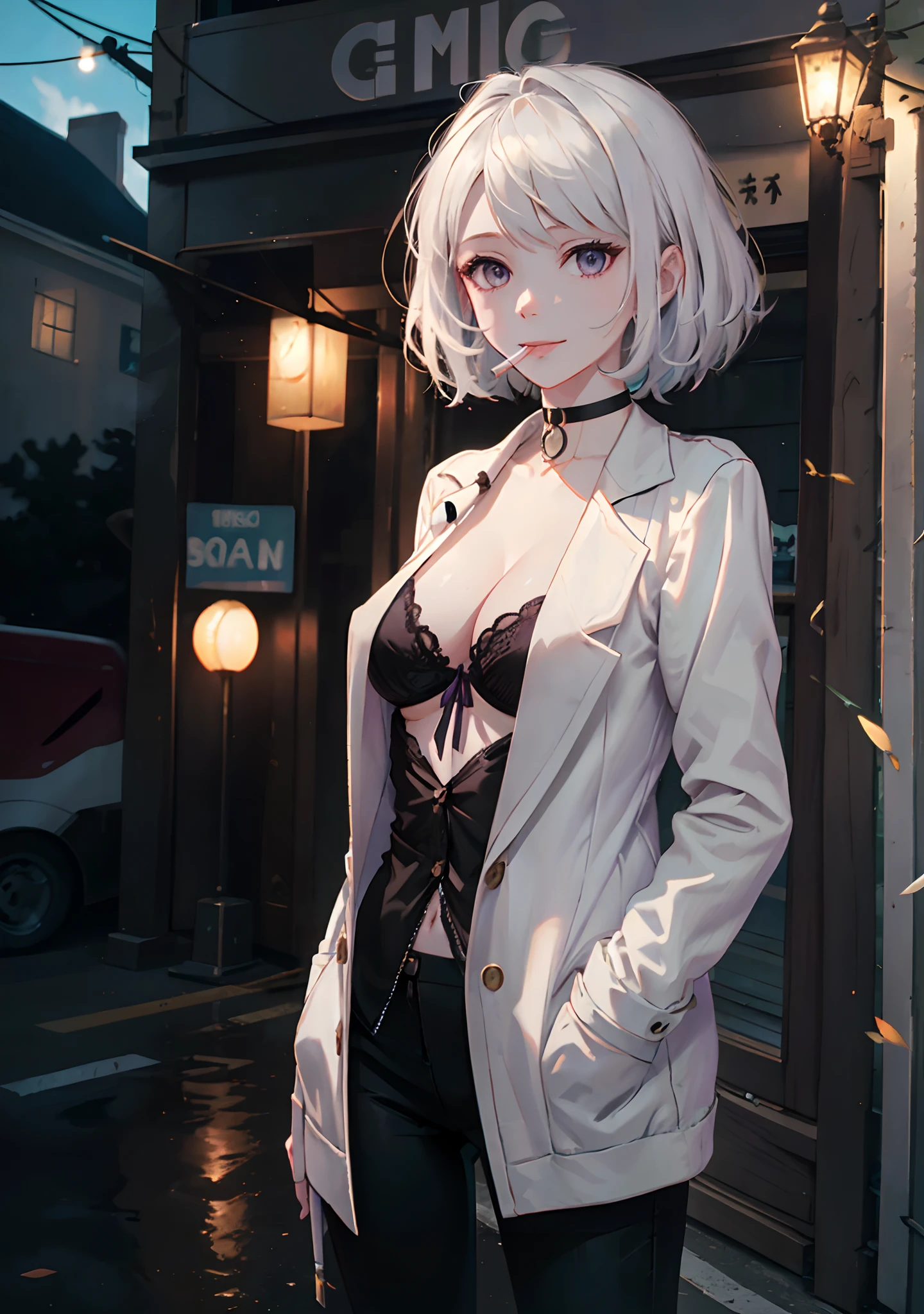 (masterpiece, best quality:1.2), cowboy shot, solo, 1girl, white hair, short wavy hair, purple eyes, average breasts, slender body, light smile, looking at viewer, hands in pockets, formal, suit, (braless), cleavage, black pants, choker, cityscape scenery, street, night light, night time, cigsmoker