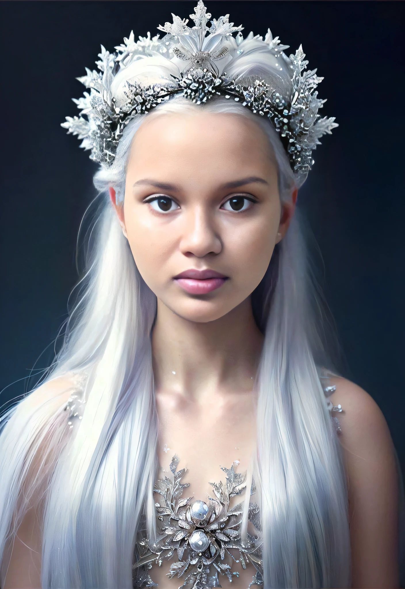 um close up de uma mulher com longos cabelos brancos usando uma coroa, usando uma coroa cinza claro, usa uma coroa cinza claro, cabelo branco bonito, tiara fantasia ultra realista, Fotografia de modelagem Kerli Koiv, menina com cabelo branco, her hair is white, usando tiara fractal de cristal, Kerli Koov, menina cabelo prateado, rainha do gelo, muito bonito elven top model