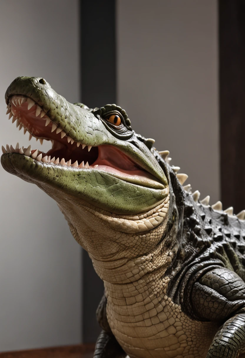 There's a photorealistic alligator sitting on a couch with its mouth open, anthropomorphic alligator, Crocodilo Loki, Sci-Fi Crocodilo , Kinematic, foto de retrato, foto de retrato em close-up, foto de crocodilo, Reptiliano, Lagarto, Deus Crocodilo, alligator, alligator shaman, half shark alligator half man, Photographed with Sony Alpha camera 1 beautiful colors