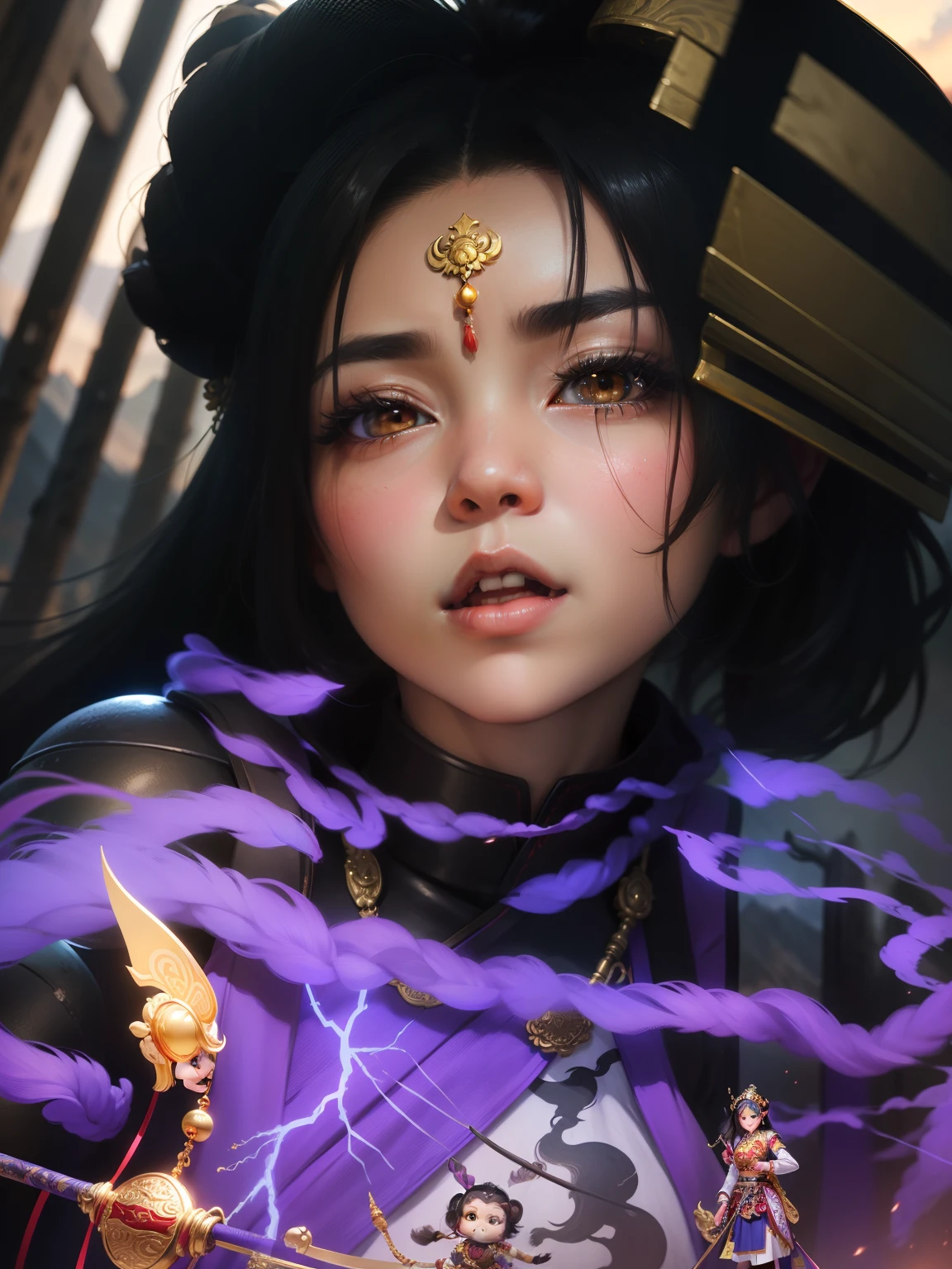(best quality), (masterpiece), (photorealistic), (realistic), super detailed, unity 8k wallpaper, highly detailed cg, ray tracking, sharp shadows, great detail, depth of field, super detailed background, (Sun Wukong, the Great Sage Equal to Heaven who became a beautiful girl, Chibi character, Kawaii, Tiny, big head, Tiny body, Solo):1.6, she is very beautiful anthropomorphic monkey girl, She holds it in her hand The Compliant Golden-Hooped Rod, It is a long, heavy rod, Chinese mythology, Buddha Dharma, and Journey to the West, headband, golden eyes, Mountain tops, fighting posture, guanhu, legendary monkey god with spear, Beijing Opera, Demonstration, Battlefield, she alone is depicted, Chinese battle dress, decisive pose, dynamic pose. Mountainous landscape in China, yellow clouds, muscular funnel cloud,
