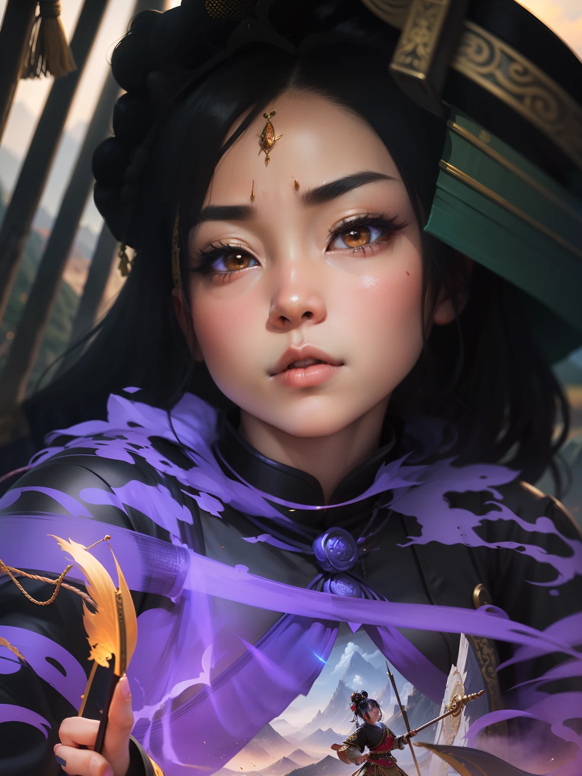 (best quality), (masterpiece), (photorealistic), (realistic), super detailed, unity 8k wallpaper, highly detailed cg, ray tracking, sharp shadows, great detail, depth of field, super detailed background, (Sun Wukong, the Great Sage Equal to Heaven who became a beautiful girl, Chibi character, Kawaii, Tiny, big head, Tiny body, Solo):1.6, she is very beautiful anthropomorphic monkey girl, She holds it in her hand The Compliant Golden-Hooped Rod, It is a long, heavy rod, Chinese mythology, Buddha Dharma, and Journey to the West, headband, golden eyes, Mountain tops, fighting posture, guanhu, legendary monkey god with spear, Beijing Opera, Demonstration, Battlefield, she alone is depicted, Chinese battle dress, decisive pose, dynamic pose. Mountainous landscape in China, yellow clouds, muscular funnel cloud,