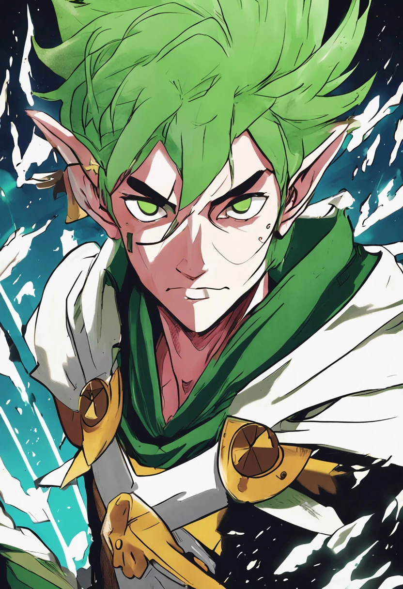 in Japanese bleach anime style, imagine an adult forest elf man with short, green hair holding a shield and a spear in each hand.