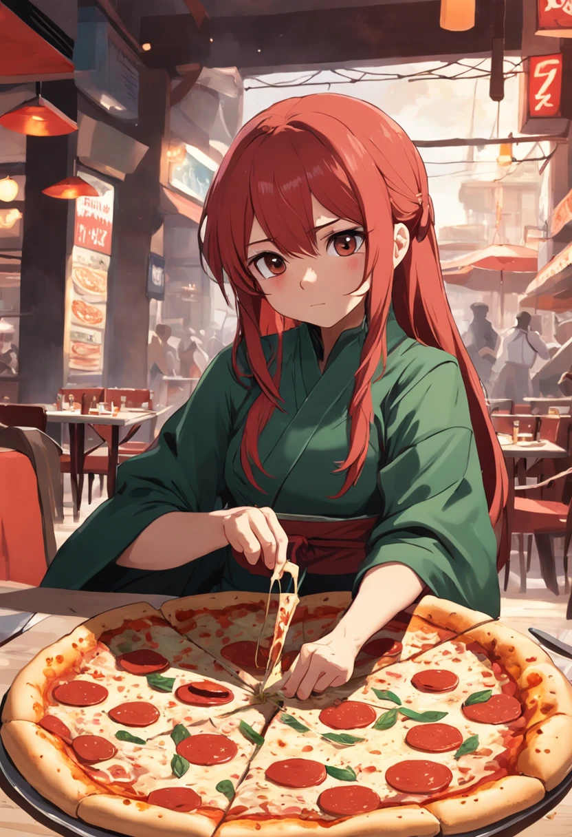 tartaruga ninja comendo uma fatia de pizza em um restaurante com pessoas sentadas em mesas, comendo uma pizza, comendo pizza, comendo uma pizza margherita, mastigando pizza, buttercup comendo pizza, segurando uma pizza, segurando pizza, segurando uma pizza grande!!, compartilhando uma pizza, comendo queijo, pizza!, gostoso, a pizza tem uma grande cornicione, comer
