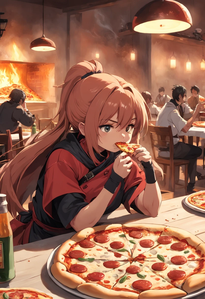 tartaruga ninja comendo uma fatia de pizza em um restaurante com pessoas sentadas em mesas, comendo uma pizza, comendo pizza, comendo uma pizza margherita, mastigando pizza, buttercup comendo pizza, segurando uma pizza, segurando pizza, segurando uma pizza grande!!, compartilhando uma pizza, comendo queijo, pizza!, gostoso, a pizza tem uma grande cornicione, comer