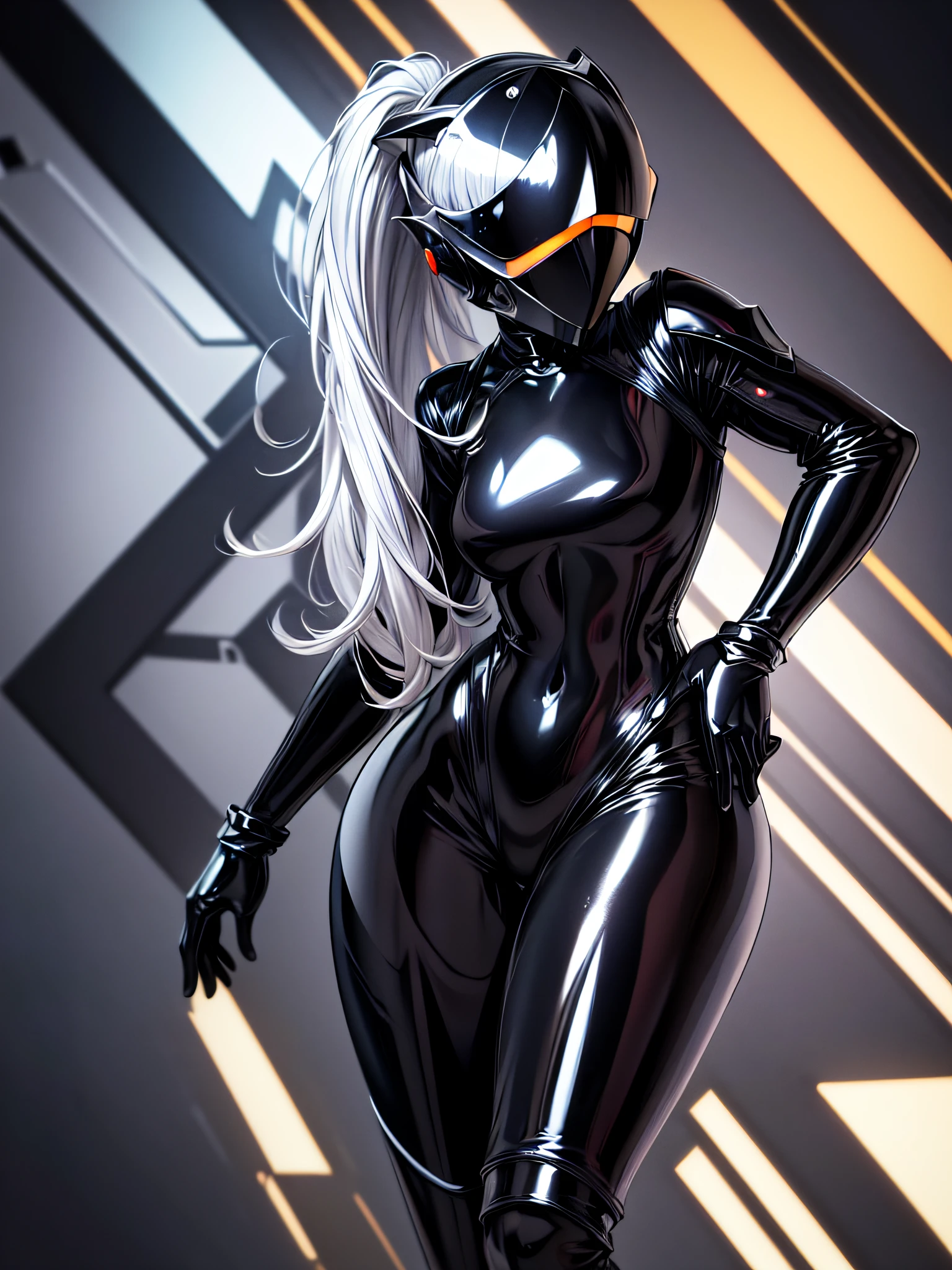 5 8K UHD、Silver-haired and small-nosed beauty in a black shiny black full-body rider suit wearing a black full-face helmet that covers the entire head is standing with her legs open facing the front、Wearing a shiny black latex slider suit with hidden skin、Shiny black latex slider suit、The upper part of the body