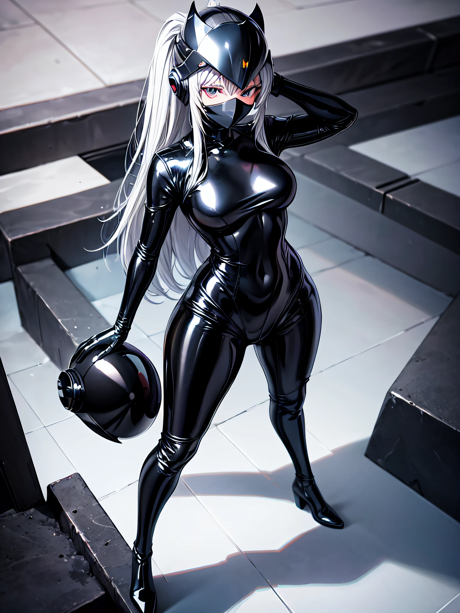 5 8K UHD、Silver-haired and small-nosed beauty in a black shiny black full-body rider suit wearing a black full-face helmet that covers the entire head is standing with her legs open facing the front、Wearing a shiny black latex slider suit with hidden skin、Shiny black latex slider suit、The upper part of the body
