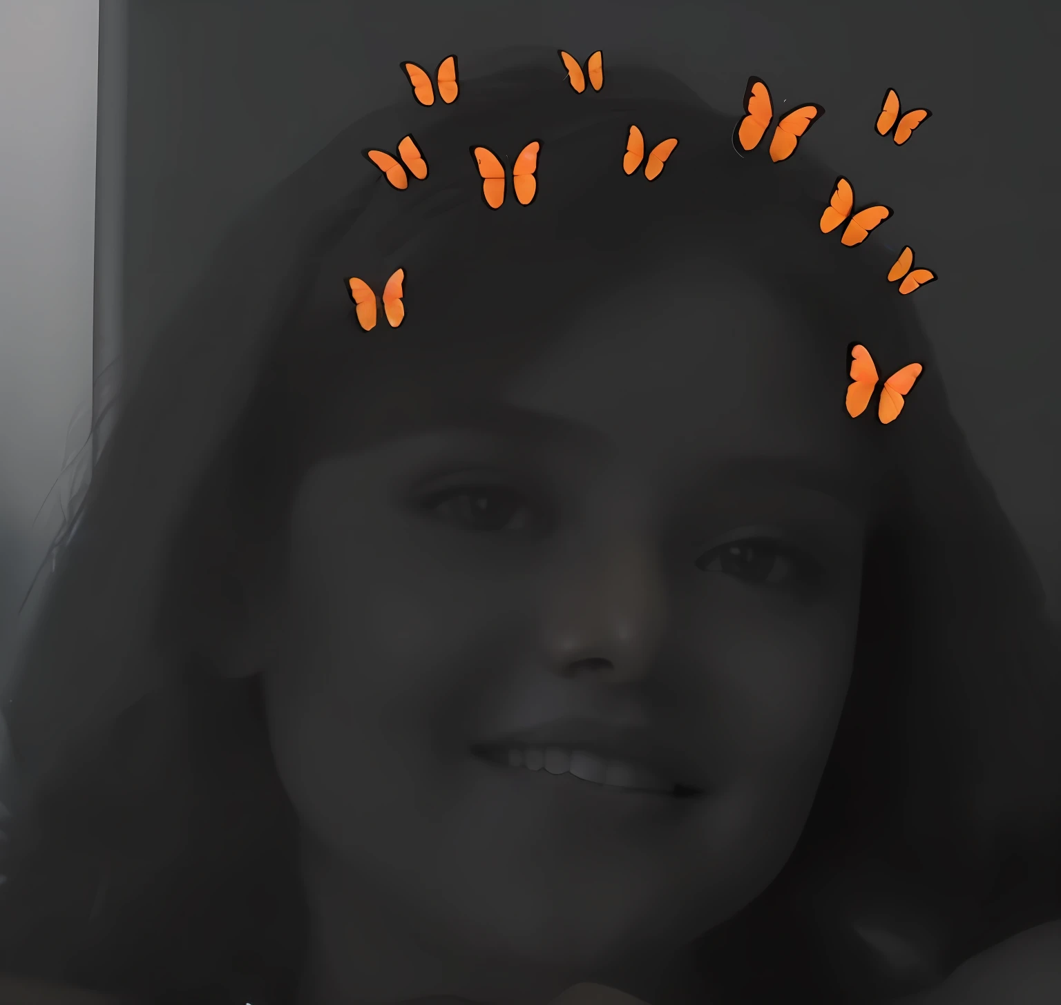 there is a woman with a butterfly headband on her head, glowing butterflies, orange halo around her head, butterflies, butterfly, butterflies in the foreground, with instagram filters, butterflies flying, with a black background, , with a black dark background, with good jawline , make her a cute anime girl