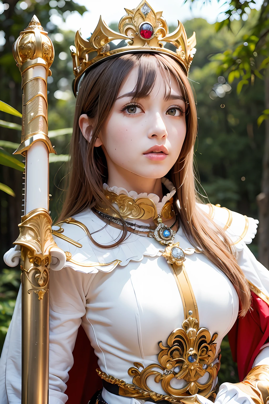 (masutepiece), Professional , ​masterpiece、top-quality、photos realistic , depth of fields （Gemstone Silver Metal Body:1.９),(Matte White、 Gold Weapon_（Metal:1.４),Gorgeous metal weapons , Detailed Sword of the Brave , Beautiful knife   ,warhammer 40k , adepta sororitas,Detail and ornate jewel crown、Brown hair、Gangle's forest background、Beautiful Caucasian beauty、１a person、dynamic ungle,(((Detailed and ornate diamond crown)))、Particles of light、