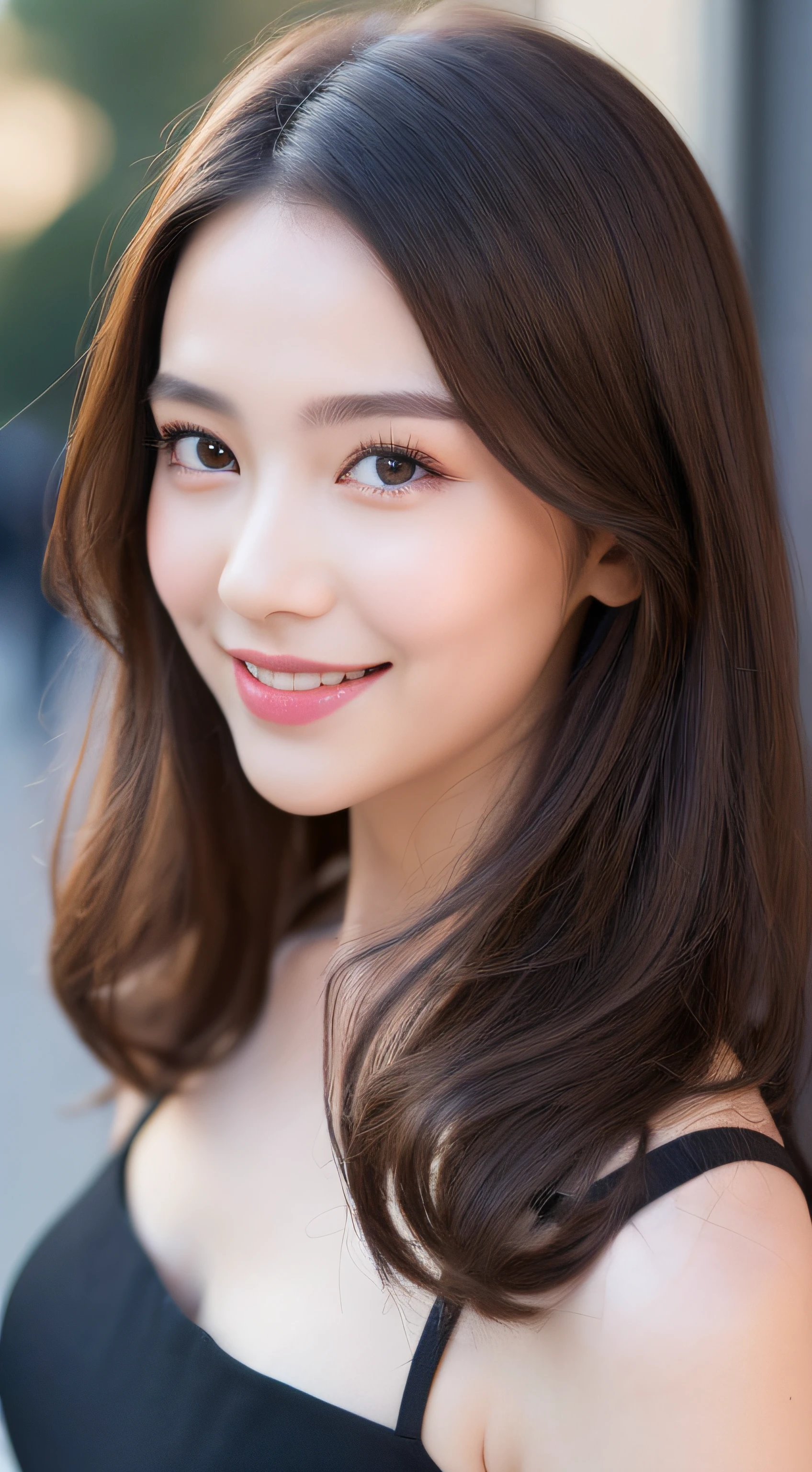 ((Best quality, 8k, Masterpiece :1.3)), 1girl, smiling, full body, slim face, Pretty woman, (Dark brown hair), full length dress :1.1, Ultra-detailed face, Detailed eyes, Double eyelid, blur background, slim face, city, outside, street,