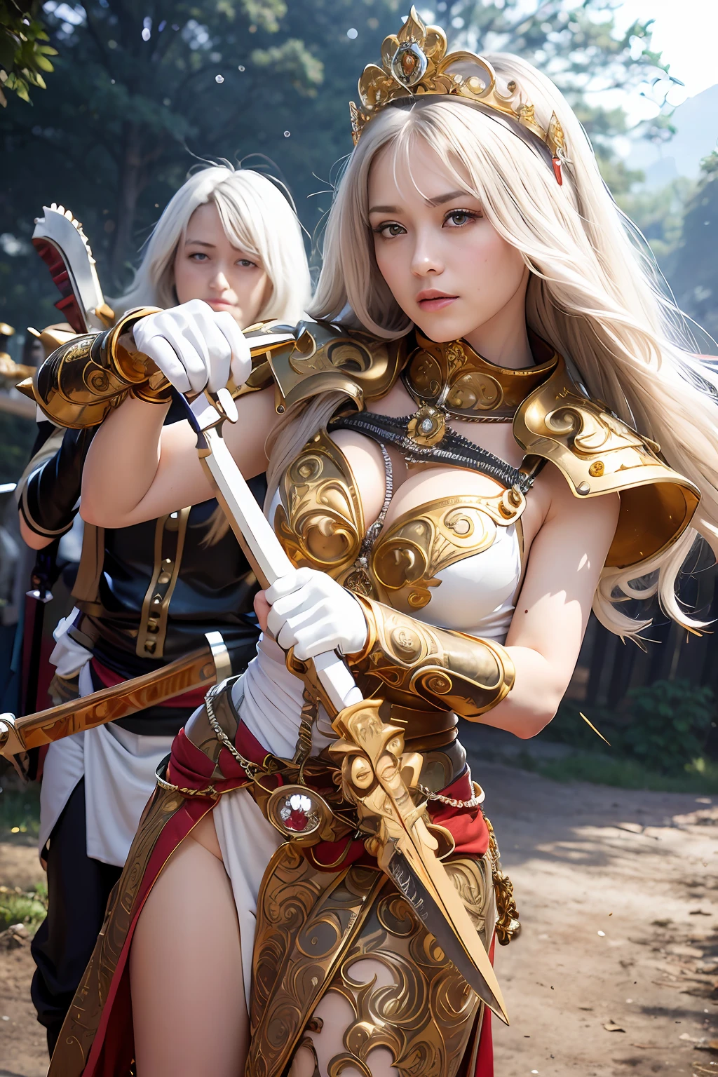 (masutepiece), Professional , masterpiece、top-quality、photos realistic , depth of fields (Gemstone Silver Metal Body:1.9),(Matte White、 Gold Weapon_(Metal:1.4),Gorgeous metal weapons , Detailed Sword of the Brave , Beautiful knife ,warhammer 40k , adepta sororitas,Detail and ornate jewel crown、Brown hair、Gangle's forest background、Beautiful Caucasian beauty、1a person、dynamic ungle,(((Detailed and ornate diamond crown)))、Particles of light、