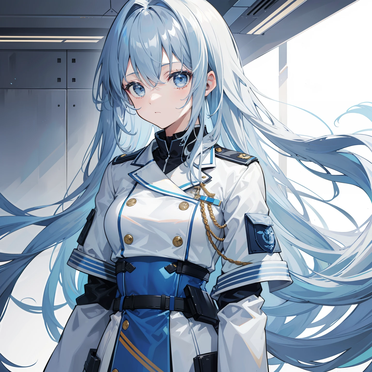 Long light gray-blue hair,rubber texture,Light blue and white military uniform,A standard good-looking girl