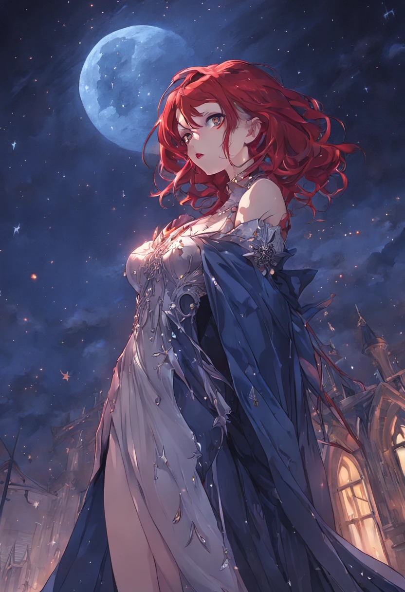 a picture of an exquisite beautiful female vampire standing under the starry night sky on the porch of her castle, dynamic angle (ultra detailed, Masterpiece, best quality), ultra detailed face (ultra detailed, Masterpiece, best quality: 1.4), ultra feminine, grey skin, red hair, wavy hair, dynamic eyes color, cold eyes, glowing eyes, intense eyes, dark red lips, [fangs], wearing white dress (ultra detailed, Masterpiece, best quality: 1.5), wearing blue cloak (ultra detailed, Masterpiece, best quality: 1.4), long cloak, flowing cloak (ultra detailed, Masterpiece, best quality), wearing high heeled boots,  sky full of stars background, fantasy_night, moon, bats flying about (high details, best quality, 8k, [ultra detailed], masterpiece, best quality, (ultra detailed), full body, ultra wide shot, photorealism, dark fantasy art, dark fantasy art, gothic art, many stars, dark fantasy art, gothic art, sense of dread,