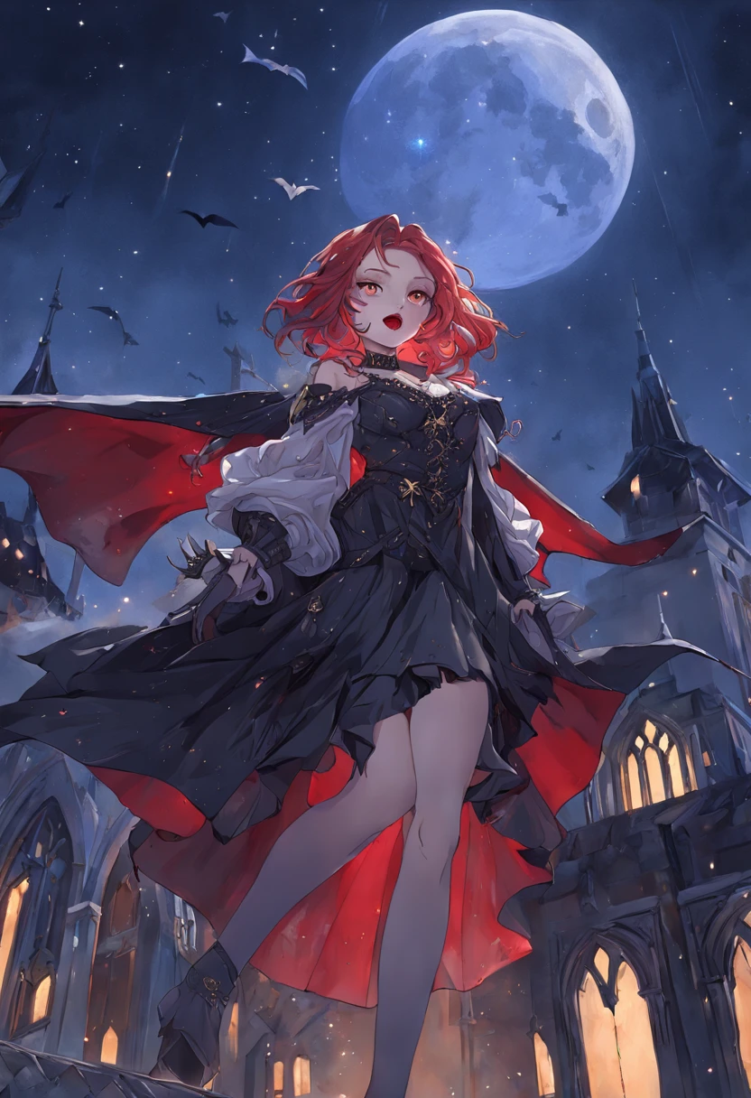 A delicate and beautiful picture of a female vampire standing on the porch of a castle under the stars, Dynamic Angle (Ultra detailed, Masterpiece, Best quality), com rosto detalhado (Ultra detailed, Masterpiece, Best quality), Hyper-feminine, gray colored skin, Red hair, (A charming smile:1.5)，(2 huge bloodsucking teeth exposed in the mouth:1.5)，dark red lips， (A mouth full of blood:1.5)，Dynamic eye color, The eyes glow red and glowing, wears a white dress (Ultra detailed, Masterpiece, Best quality), long black cape (Ultra detailed, Masterpiece, Best quality), high heels boots, star filled sky background, Moon, Bats fly around, High details, Best quality, 8K, [Ultra detailed], Masterpiece, Best quality, (Ultra detailed), cowboy lens, Photorealism, dark fantasy art