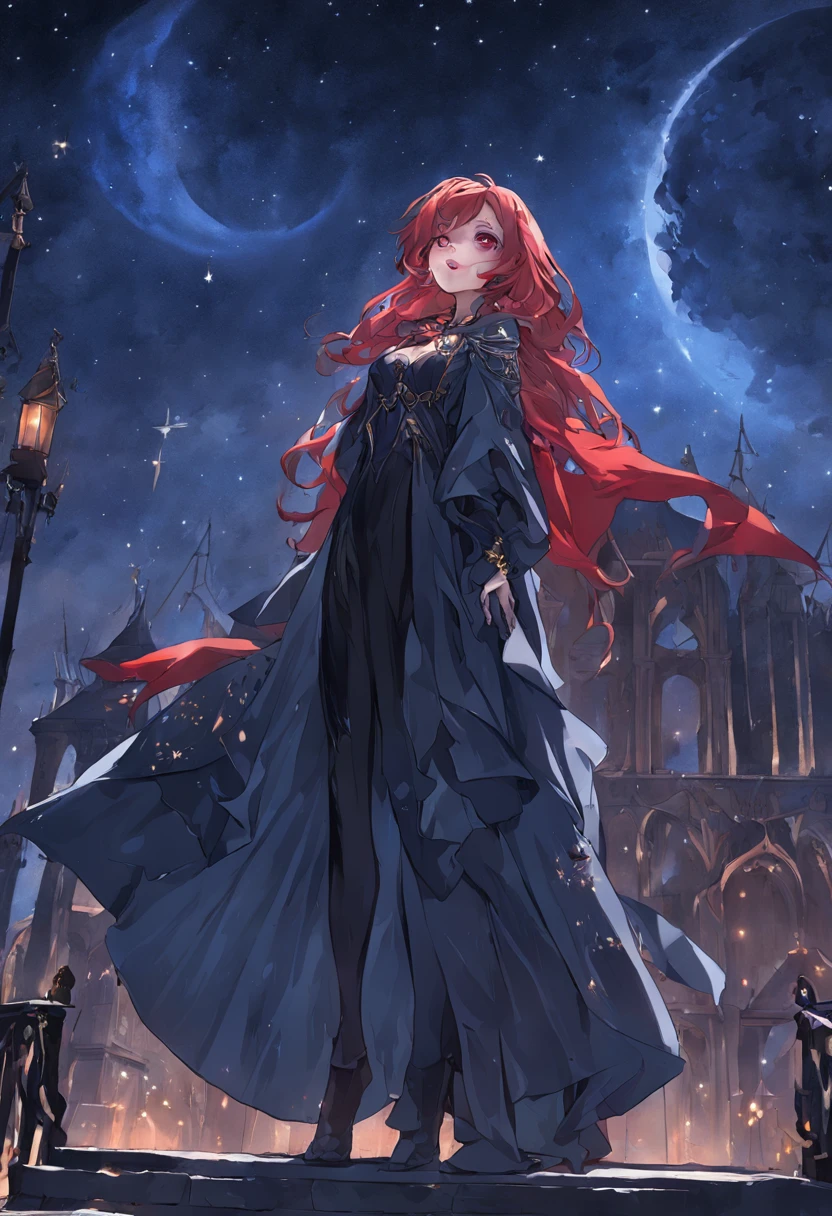 a picture of an exquisite beautiful female vampire standing under the starry night sky on the porch of her castle, dynamic angle (ultra detailed, Masterpiece, best quality), ultra detailed face (ultra detailed, Masterpiece, best quality: 1.4), ultra feminine, grey skin, red hair, wavy hair, dynamic eyes color, cold eyes, glowing eyes, intense eyes, dark red lips, [fangs], wearing white dress (ultra detailed, Masterpiece, best quality: 1.5), wearing blue cloak (ultra detailed, Masterpiece, best quality: 1.4), long cloak, flowing cloak (ultra detailed, Masterpiece, best quality), wearing high heeled boots,  sky full of stars background, fantasy_night, moon, bats flying about (high details, best quality, 8k, [ultra detailed], masterpiece, best quality, (ultra detailed), full body, ultra wide shot, photorealism, dark fantasy art, dark fantasy art, gothic art, many stars, dark fantasy art, gothic art, sense of dread,