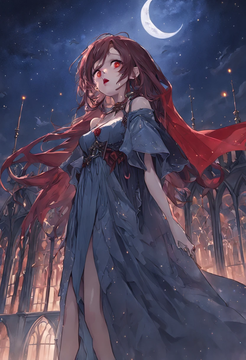 a picture of an exquisite beautiful female vampire standing under the starry night sky on the porch of her castle, dynamic angle (ultra detailed, Masterpiece, best quality), ultra detailed face (ultra detailed, Masterpiece, best quality: 1.4), ultra feminine, grey skin, red hair, wavy hair, dynamic eyes color, cold eyes, glowing eyes, intense eyes, dark red lips, [fangs], wearing white dress (ultra detailed, Masterpiece, best quality: 1.5), wearing blue cloak (ultra detailed, Masterpiece, best quality: 1.4), long cloak, flowing cloak (ultra detailed, Masterpiece, best quality), wearing high heeled boots,  sky full of stars background, fantasy_night, moon, bats flying about (high details, best quality, 8k, [ultra detailed], masterpiece, best quality, (ultra detailed), full body, ultra wide shot, photorealism, dark fantasy art, dark fantasy art, gothic art, many stars, dark fantasy art, gothic art, sense of dread,