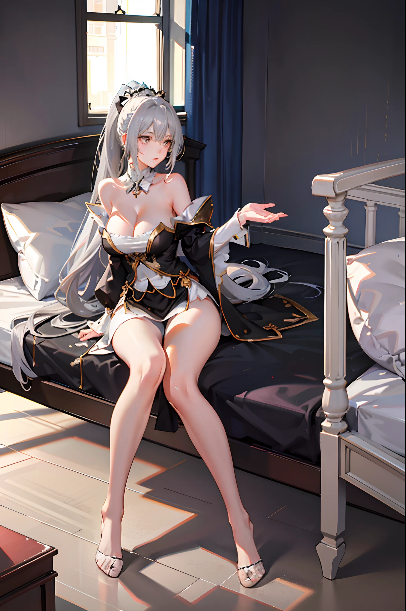 1个Giant Breast Girl，Ray traching，Bedrooms，Fluffy silver hair，Busty and slender princess，Wears a high ponytail，in a  bedroom，Gold eyes，It shows a delicate and slender figure and beautiful curves，Correct limbs，Sit cross-legged on the bed，Bare legs