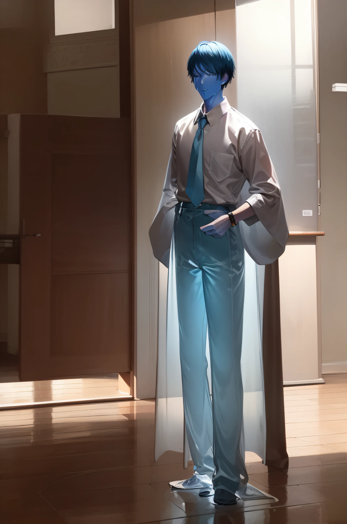 Translucent man in long pants and school uniform、Young man with short hair