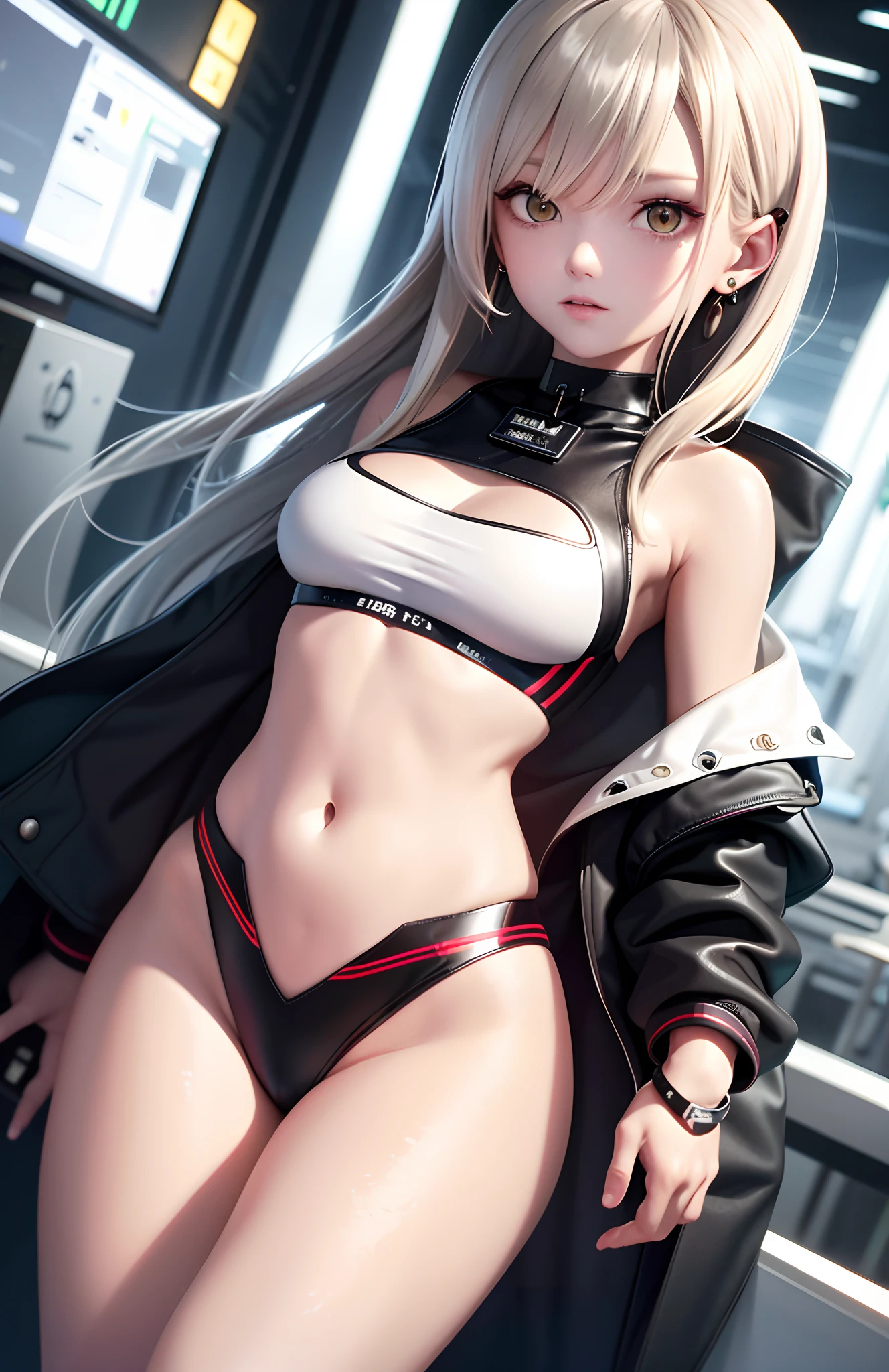 optimum，tmasterpiece，A high resolution，best qualtiy，hyper HD，super detailing，Award-Awarded，16k，独奏，（The upper part of the body），??????? correct，Beautiful cyberpunk girl，cute  face，，Gradient Beige Hair，Hairline，（（Scarlet eyes）），long eyelasher，Hanging eye corners，White skin of the，（small boobs），（Slim body），（（Women's extra short shawl leather jacket）），（（racing_suit）），ear studs，（neck rings），（Laser material clothing：1.2）