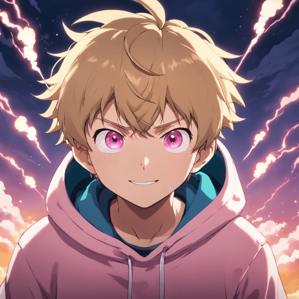 masterpiece, best quality, movie still, 1man, cloud boy, floating in the sky, close-up, bright, happy, warm soft lighting, sunset, (sparks:0.7), (AS-Young:1.2), (1boy:1.8), (male focus:1.2), (cute:1.7) Shigeo Kageyama, Mob Psycho, smiling, wearing a pink hoodie, dark blonde hair, bight blue eyes, wearing round glasses