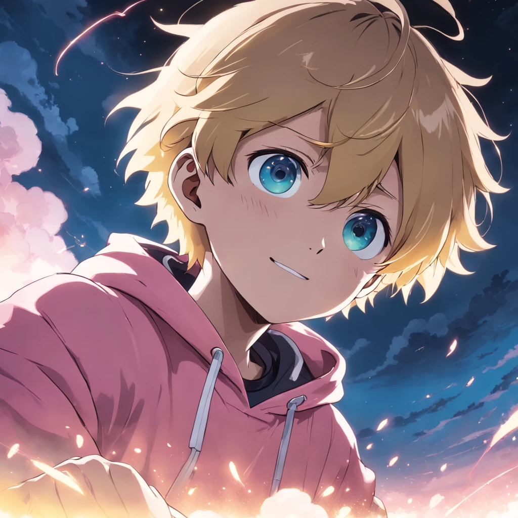 masterpiece, best quality, movie still, 1man, cloud boy, floating in the sky, close-up, bright, happy, warm soft lighting, sunset, (sparks:0.7), (AS-Young:1.2), (1boy:1.8), (male focus:1.2), (cute:1.7) Shigeo Kageyama, Mob Psycho, smiling, wearing a pink hoodie, dark blonde hair, bight blue eyes, wearing round glasses