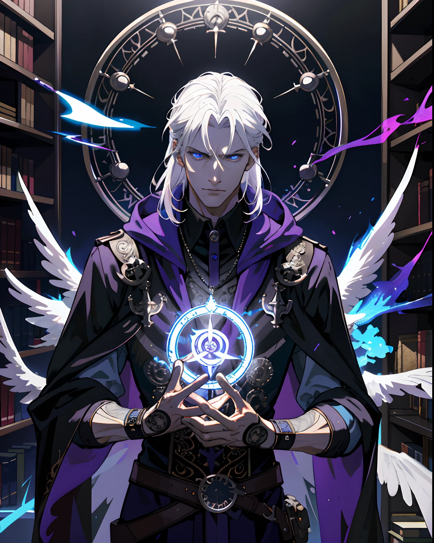 masterpiece, best quality, adult, tall muscular, handsome intricate details, white hair, (style-swirlmagic:1.0), looking down, upper body, detailed background, detailed face, (steampunk theme:1.1) evil sorcerer, color magical robes, determined expression, purple color scheme, summoning circle, bookshelves, glowing magical runes, dark atmosphere, shadows, realistic lighting, floating particles, sparks, surrounded by blue lightning red arcane symbols, corrupted by eldritch power, bloom, romantic, couple