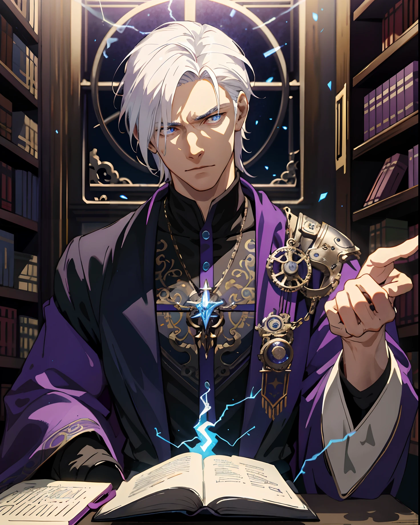 masterpiece, best quality, adult, tall muscular, handsome intricate details, white hair, (style-swirlmagic:1.0), looking down, upper body, detailed background, detailed face, (steampunk theme:1.1) evil sorcerer, color magical robes, determined expression, purple color scheme, summoning circle, bookshelves, glowing magical runes, dark atmosphere, shadows, realistic lighting, floating particles, sparks, surrounded by blue lightning red arcane symbols, corrupted by eldritch power, bloom, romantic, couple