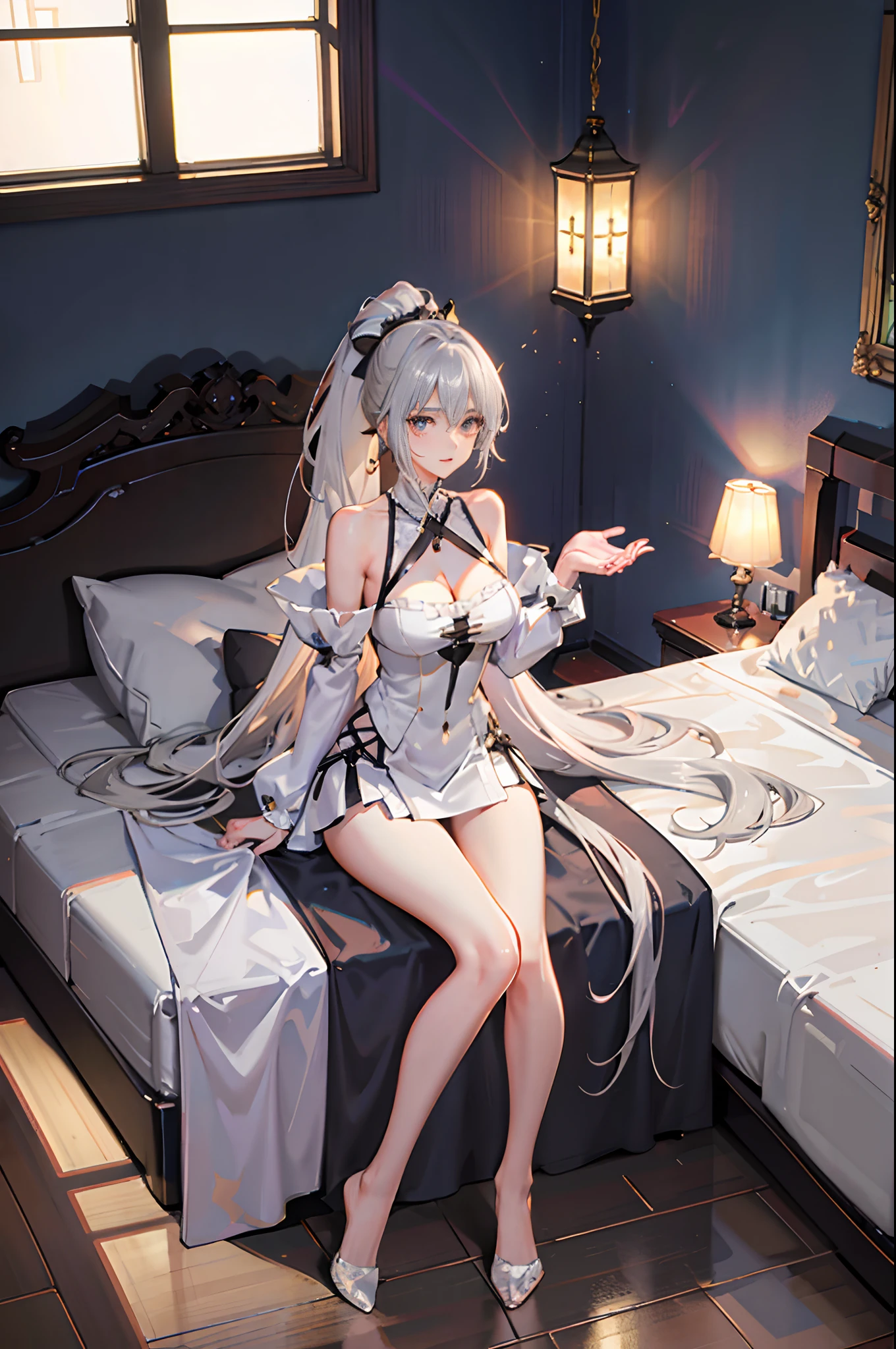 1个Giant Breast Girl,Ray traching,Bedrooms,Fluffy silver hair,Big Slender Princess,Wears a high ponytail,at bedroom,Gold eyes,It shows a delicate and slender figure and beautiful curves,Correct limbs,Sit cross-legged on the bed,Bare legs