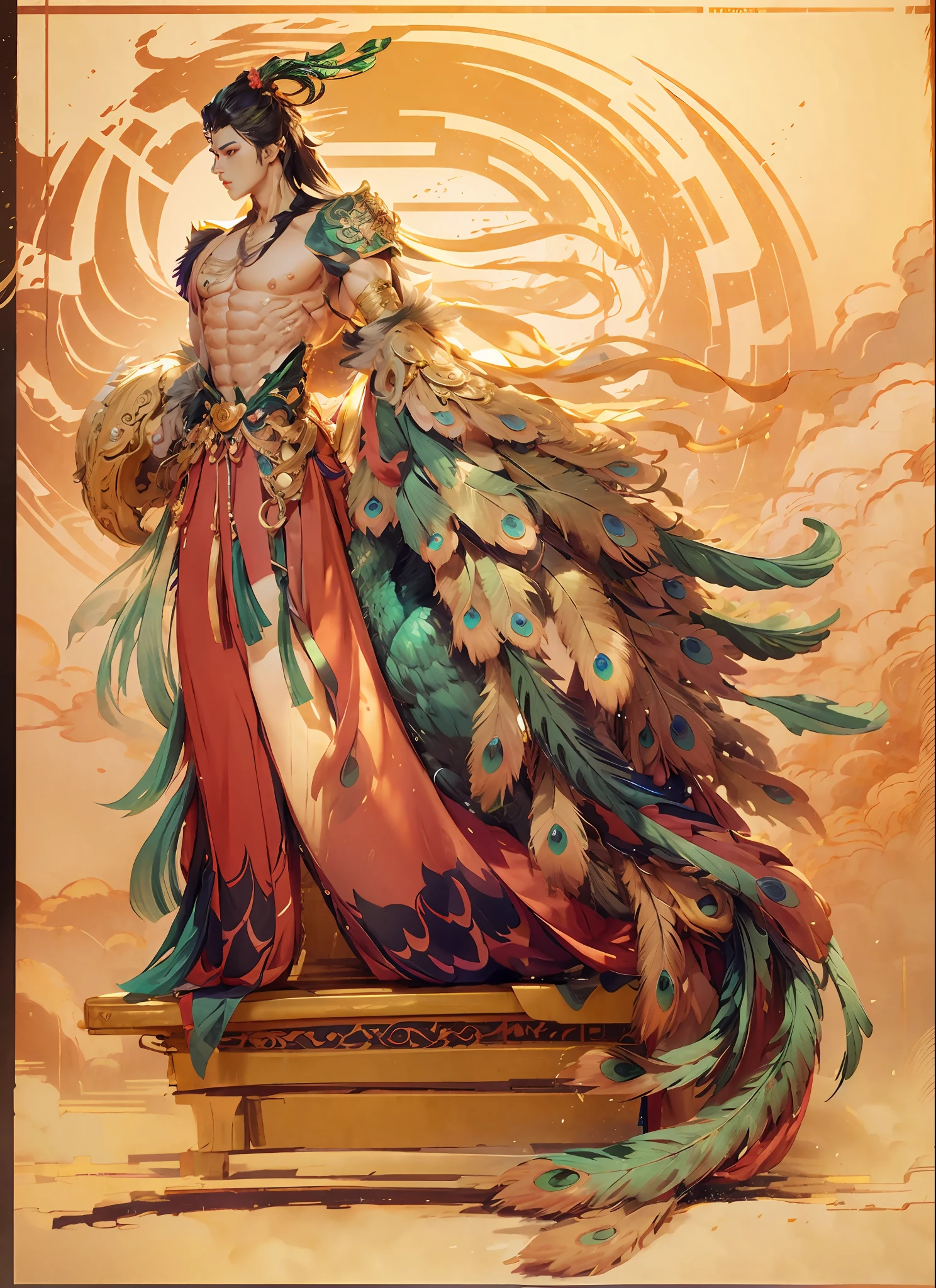 Sculpture design,Figures,GK model,The whole body of the character,base,sexy for,Peacock feathers,Handsome,(Exposing the pectoral muscles)Expose muscles,base,Wu Yifan,musculous,Delicate and sophisticated