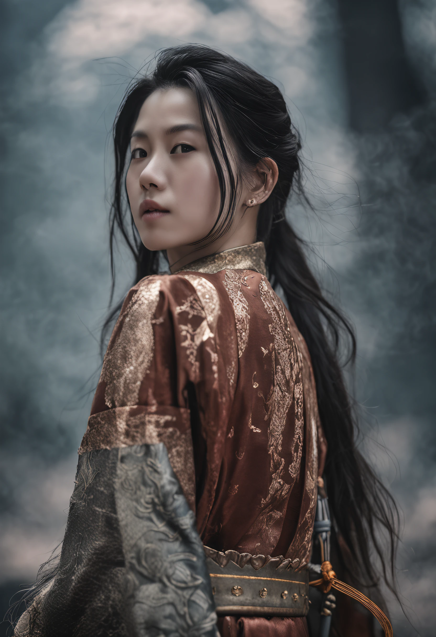 Feng Shen List，Deng Chanyu，tmasterpiece，ultra fine photos，best qualtiy，超高分辨率，Photoreality，Chiaroscuro，（full-body portraits），stunningly beautiful，dynamicposes，delicated face，Bigchest，Murderous eyes，（seen from the side），She wears ancient Chinese armor，very highly detailed background，detailed face with，Detailed and complex busy background，untidy，opulent，milkyW，Highly detailed skin，Realistic details of skin，Visible Pore，tack sharp focus，volume fog，8k uhd，digital SLR camera，high qulity，filmgrain，White skin of the，photo-realism，lomography，The palace of the Yin Shang King in ancient China ,  Chiaroscuro, Cinematic lighting, hyper HD, ccurate, Anatomically correct, Textured skin,