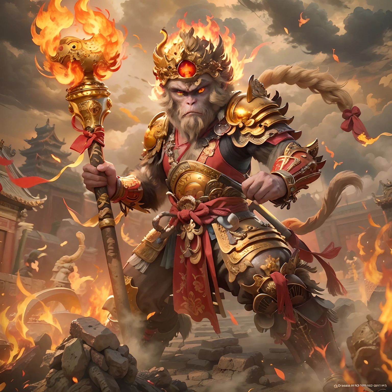 1个Monkey King,Monkey King holds Golden Cudgel,((Fire-eyed golden eyes:1.5)),((Complete Golden Cudgel)),Put on the Flame Armor,Fighting posture,Red ribbon,Clouds of flame under your feet,tmasterpiece,((The background is the Forbidden City, an ancient city in the East)),Cloud fog,8K,high definition resolution,Detailed detail drawing,very photoreal,