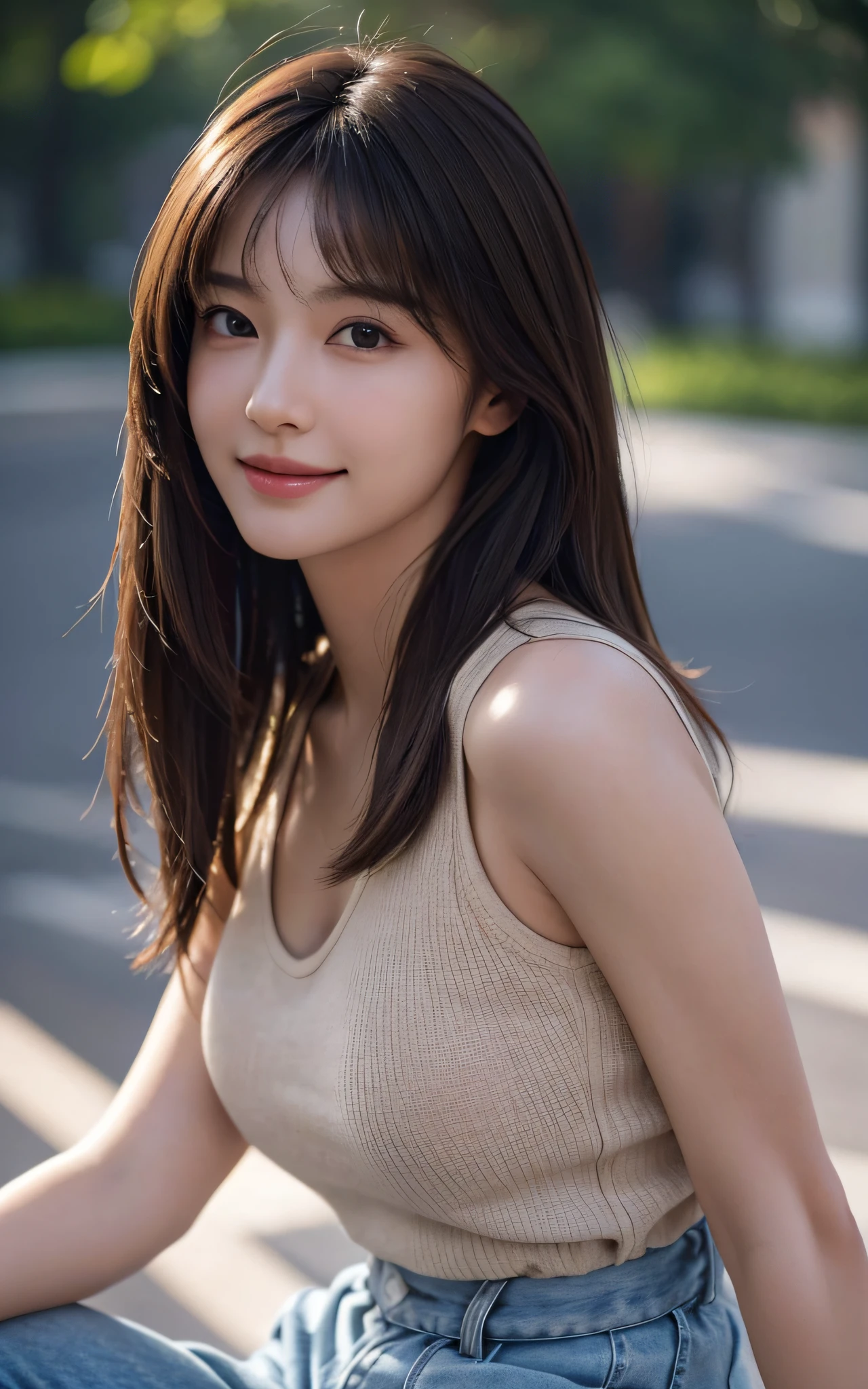 Masterpiece, best picture quality, high quality, beautiful woman, Japanese, detailed, detailed eyes, detailed skin, beautiful skin, ultra high resolution, (reality: 1.4),very beautiful, slightly younger face, beautiful skin, slender, (ultra realistic), (highresolution), (8K), (very detailed) (beautifully detailed eyes), (super detailed), Tank top, pants, (wallpaper), (detailed face), looking at viewer, fine details, detailed face, smiling, looking straight ahead, looking straight ahead, angle from waist up, realistic photo, bright lighting, professional lighting, mature woman, brown hair, sway in the wind shoulder length straight hair, long stylish bangs,