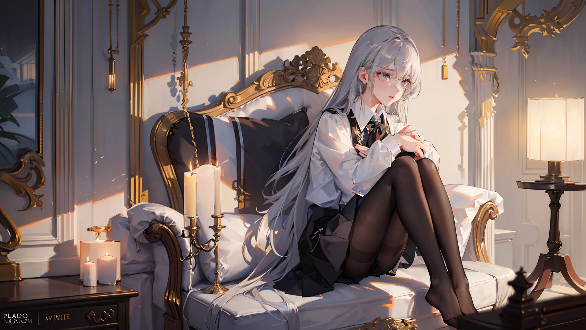 (((girl lying on sofa undressing with her hands,,Hands on the upper and lower legs of the naked body,black uniforms,black reotard,Primetime light and shadow black pantyhose)),Ray tracing,(Dim lighting,luz de velas,waxy candles),[Detailed background (Bedroom)),((Silver hair)),((Dark hair)),(((Fluffy silver hair, plump and slender girl)))golden hair,Golden Eyes Avoid seeing golden eyes in an ominous bedroom ((((Girl in white shirt, Take off your black crinkled skirt,Prime hour light and shadow,